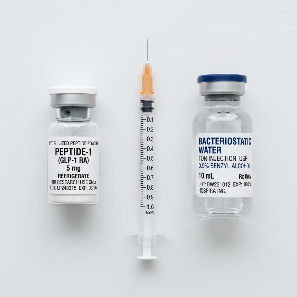 Peptide mixing guide. Hands preparing a vial with bacteriostatic water